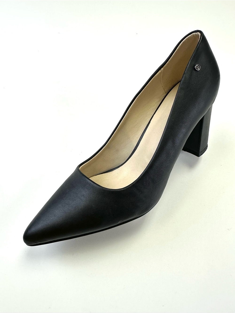 H Halston Black Pointed Toe Pumps Block Heel Vegan Leather 8.5 Classic Workwear